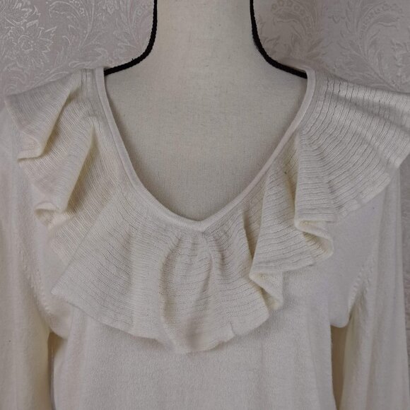 Lauren Ralph Lauren Size XL Cream Colored V-Neck Sweater Ruffle Detail Long Slve - Picture 2 of 9